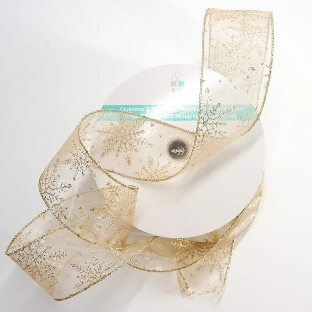 Ct Craft Llc Organza With Gold Flitter Snowflake Wired Ribbon 2.5